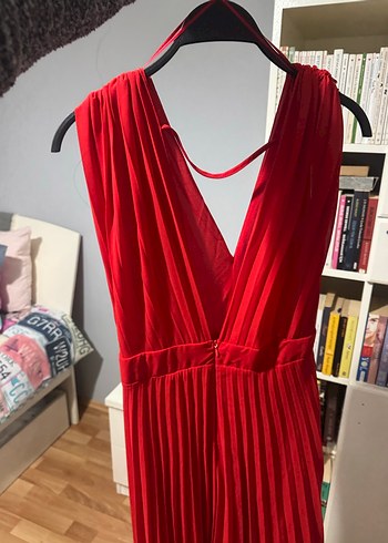 Zara Kırmızı Pilili V Yaka Uzun Abiye Elbise - Görsel 7