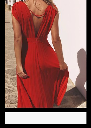 Zara Kırmızı Pilili V Yaka Uzun Abiye Elbise - Görsel 2