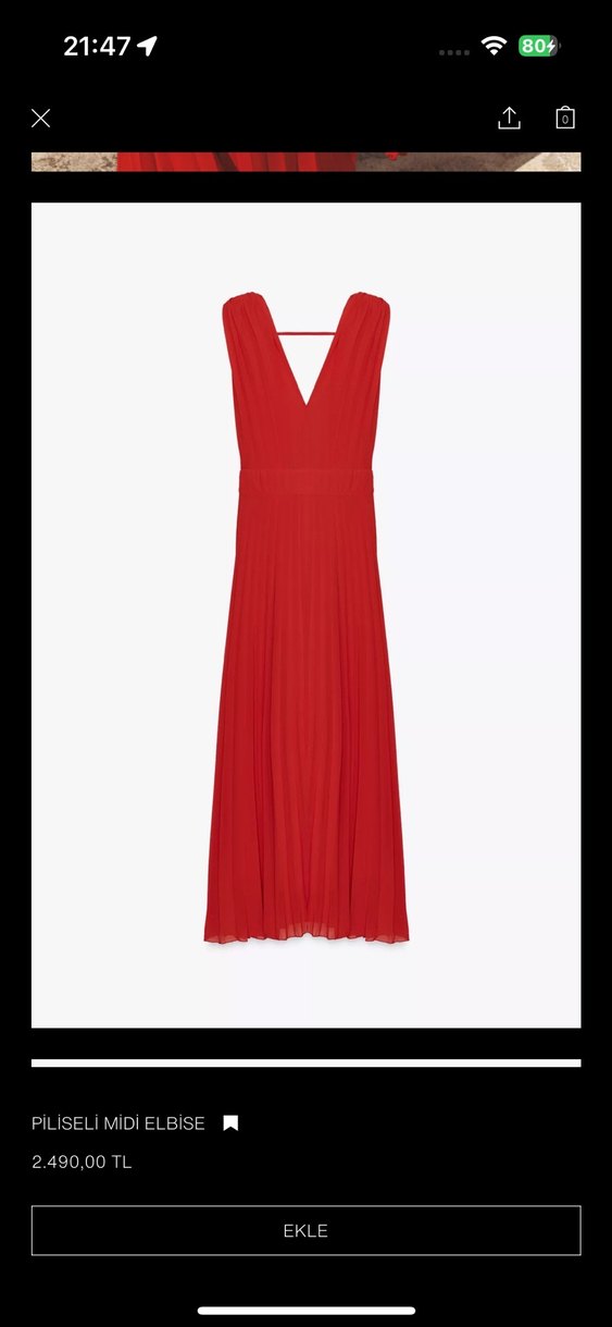 Zara Kırmızı Pilili V Yaka Uzun Abiye Elbise - Görsel 4