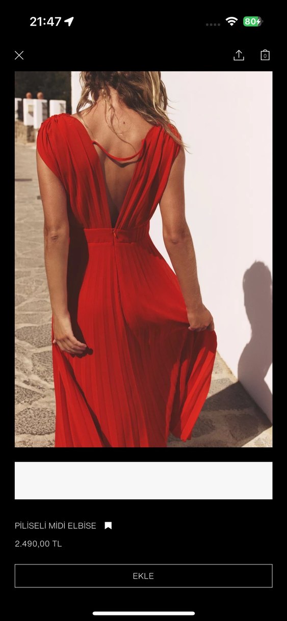 Zara Kırmızı Pilili V Yaka Uzun Abiye Elbise - Görsel 2