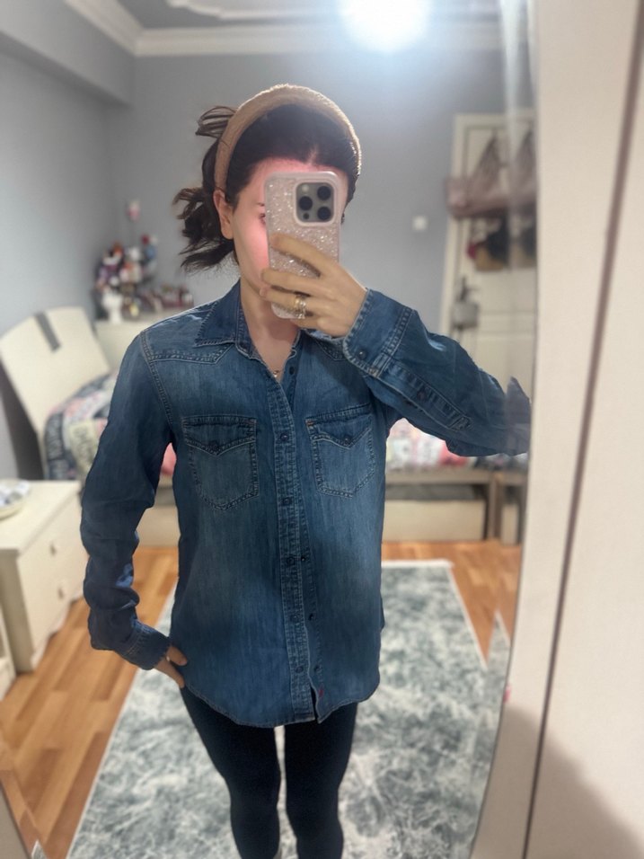 Düğmeli Gri Denim Kadın Gömlek - Görsel 5