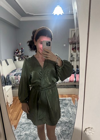 Zara Drapeli V Yaka Haki Midi Tulum Elbise - Görsel 5