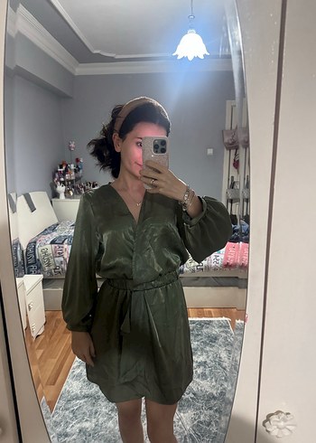 Zara Drapeli V Yaka Haki Midi Tulum Elbise - Görsel 4