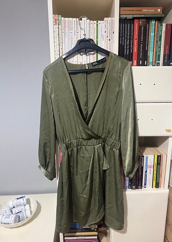 Zara Drapeli V Yaka Haki Midi Tulum Elbise - Görsel 2