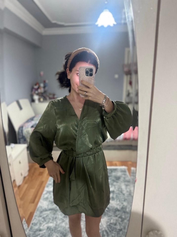 Zara Drapeli V Yaka Haki Midi Tulum Elbise - Görsel 3