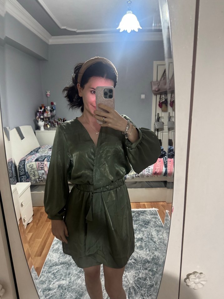 Zara Drapeli V Yaka Haki Midi Tulum Elbise - Görsel 5