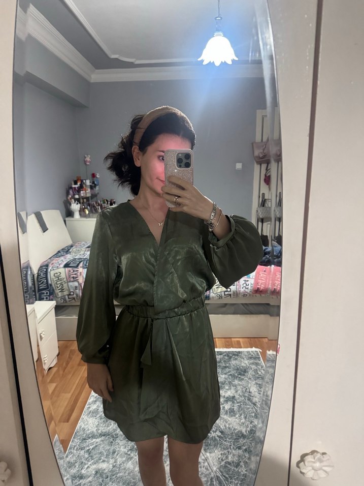 Zara Drapeli V Yaka Haki Midi Tulum Elbise - Görsel 4