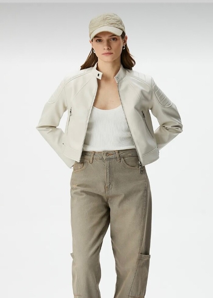 beyaz deri ceket - Görsel 4