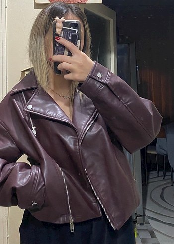 Zara Bordo Parlak Deri Kadın Ceket