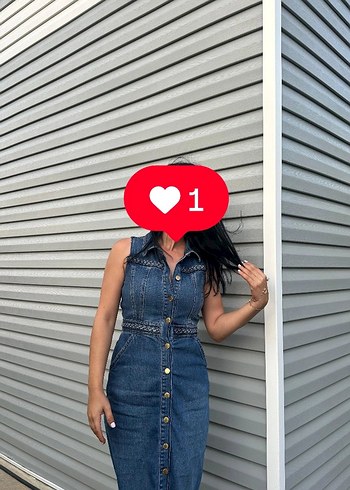 Düğmeli V Yaka Kolsuz Denim Elbise