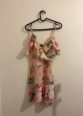Pembe Bohem Mini Elbise Fırfırlı