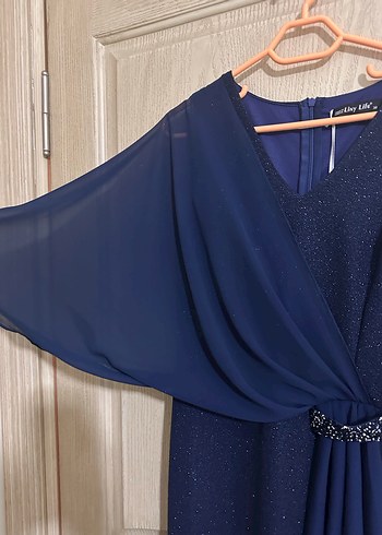 Lacivert Drapeli V Yakalı Uzun Abiye Elbise - Görsel 5