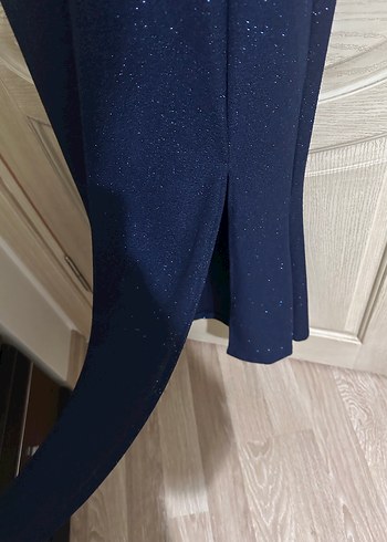 Lacivert Drapeli V Yakalı Uzun Abiye Elbise - Görsel 6