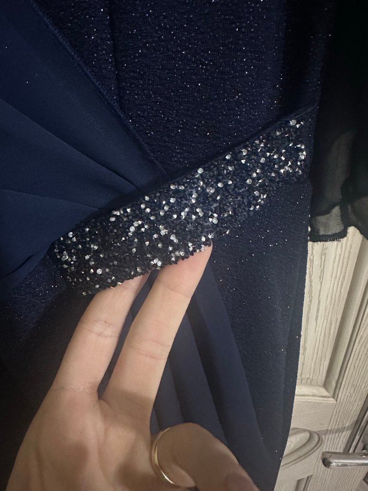 Lacivert Drapeli V Yakalı Uzun Abiye Elbise - Görsel 4