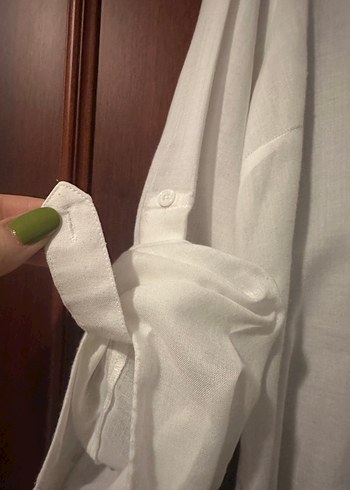 Uzun Kollu Beyaz Keten V Yaka Kadın Gömlek - Görsel 3