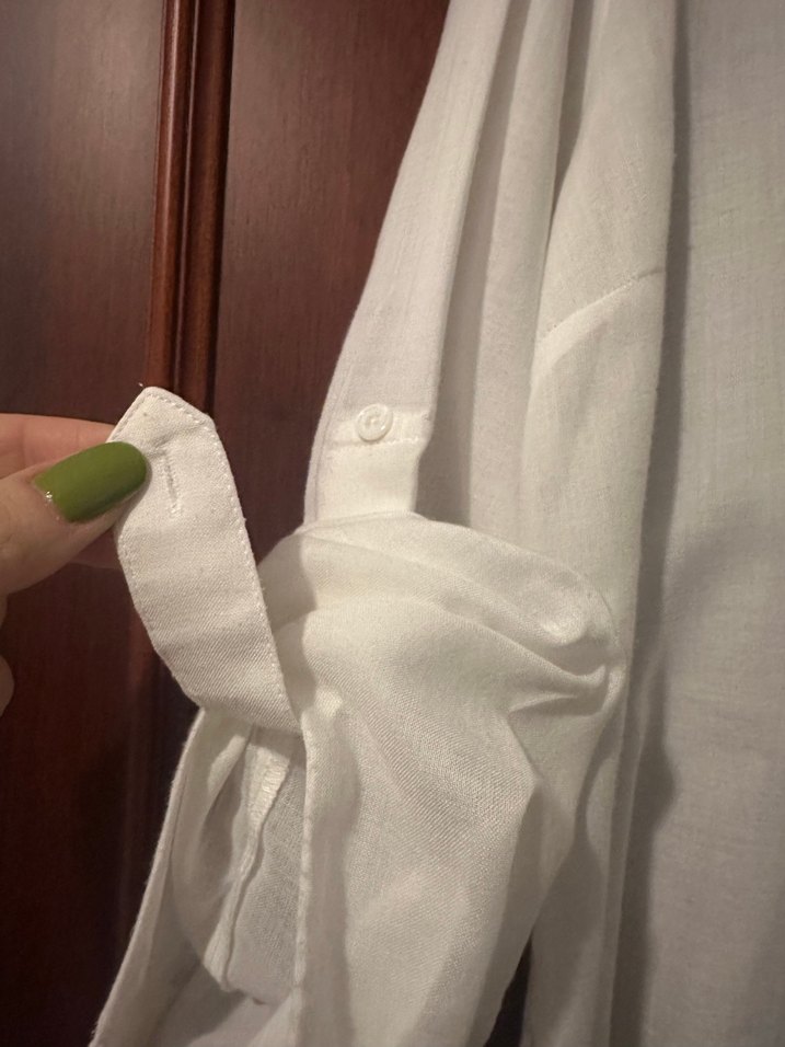 Uzun Kollu Beyaz Keten V Yaka Kadın Gömlek - Görsel 3