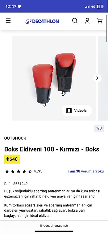 Boks eldiveni decathlon hiç kullanılmadı 1 defa denedim sadece