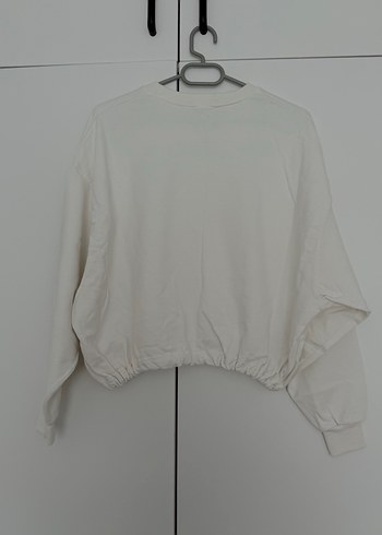 Beyaz Kadın Pamuk crop Sweatshirt - Görsel 2