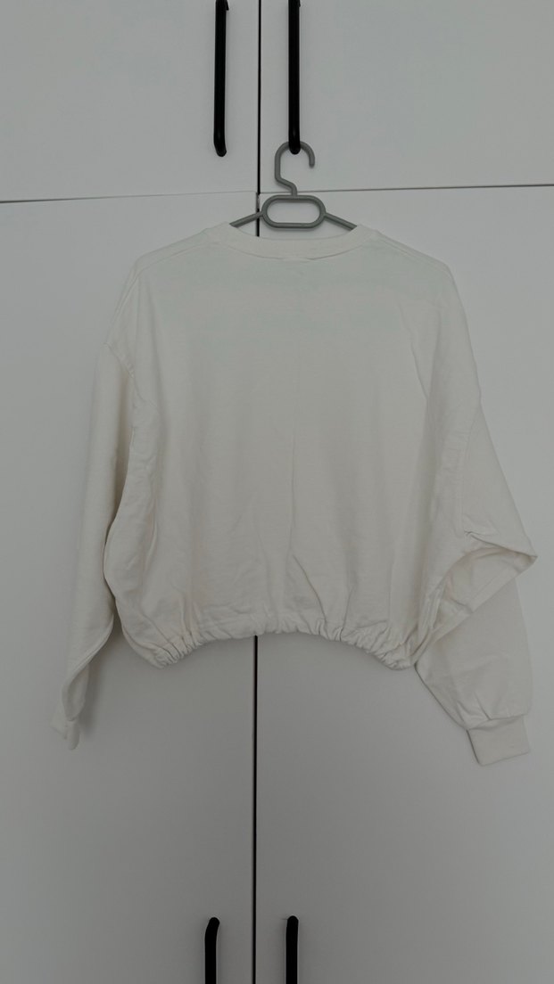 Beyaz Kadın Pamuk crop Sweatshirt - Görsel 2