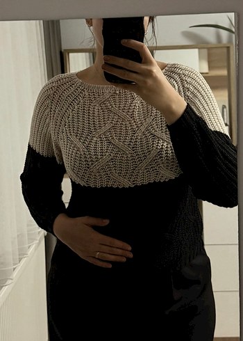 Kadın bej-Siyah Örgü Salaş Kazak - Görsel 2