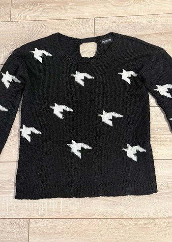 Siyah Kuş Desenli Triko Kadın Kazak - Görsel 3