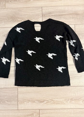 Siyah Kuş Desenli Triko Kadın Kazak - Görsel 5