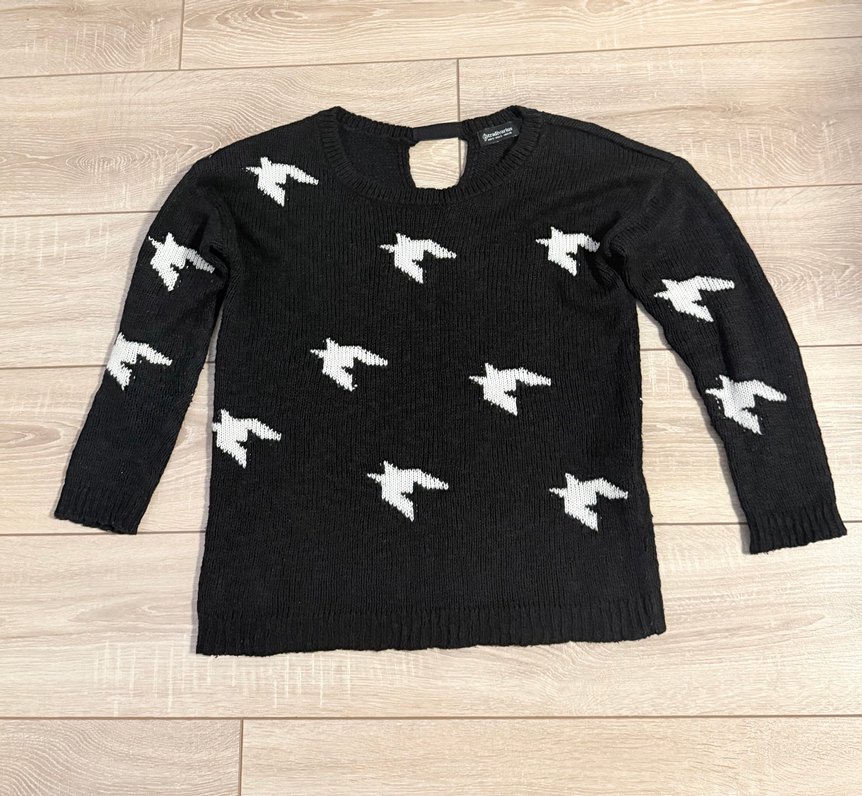 Siyah Kuş Desenli Triko Kadın Kazak - Görsel 3