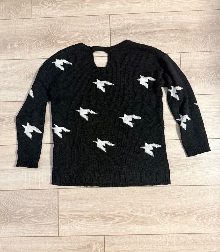 Siyah Kuş Desenli Triko Kadın Kazak - Görsel 5