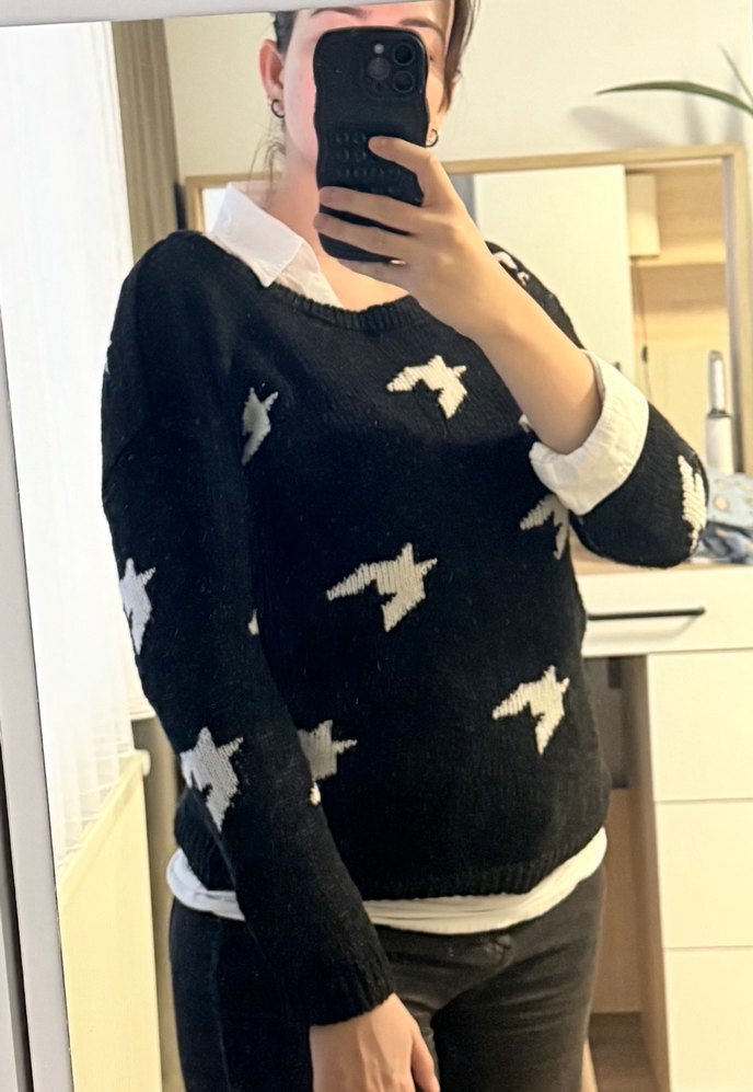 Siyah Kuş Desenli Triko Kadın Kazak - Görsel 2