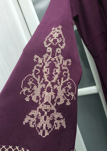 Bordo Nakışlı Uzun Kollu Salaş Elbise - Görsel 5