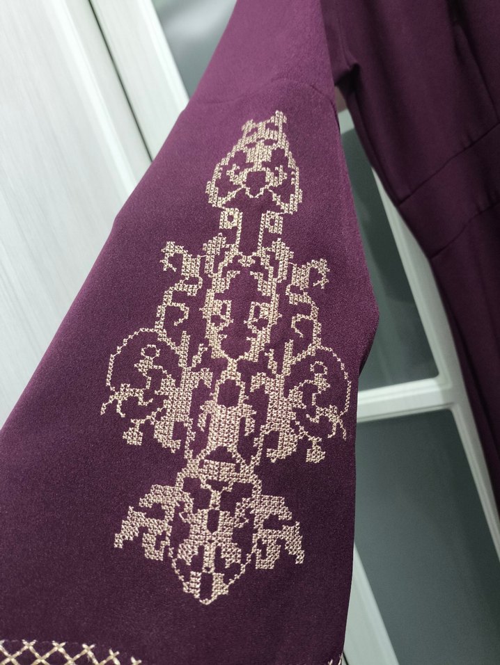 Bordo Nakışlı Uzun Kollu Salaş Elbise - Görsel 5