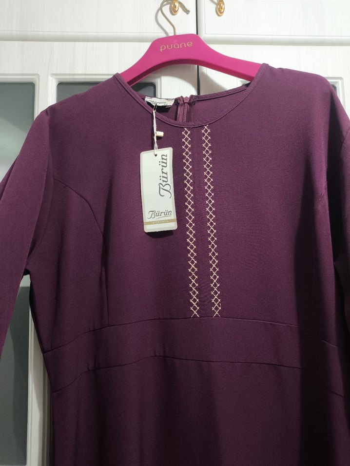 Bordo Nakışlı Uzun Kollu Salaş Elbise - Görsel 4