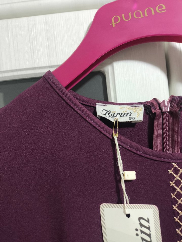 Bordo Nakışlı Uzun Kollu Salaş Elbise - Görsel 2