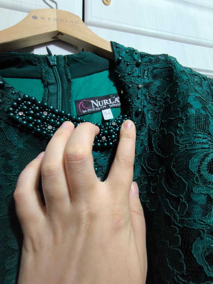 Uzun Kollu Yeşil Dantel Vintage Abiye - Görsel 4