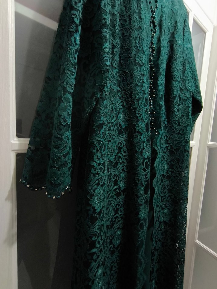 Uzun Kollu Yeşil Dantel Vintage Abiye - Görsel 5