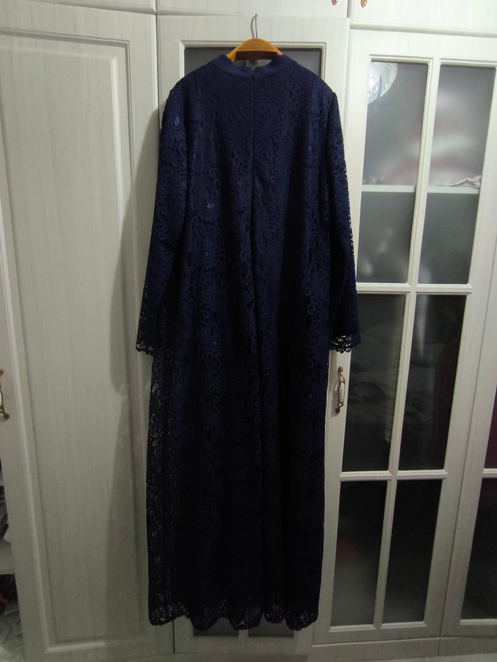 Lacivert Vintage Uzun Kollu Kadın abiye - Görsel 4