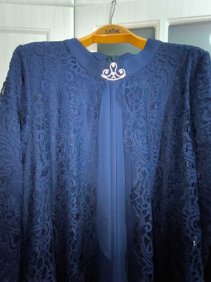 Lacivert Vintage Uzun Kollu Kadın abiye - Görsel 5