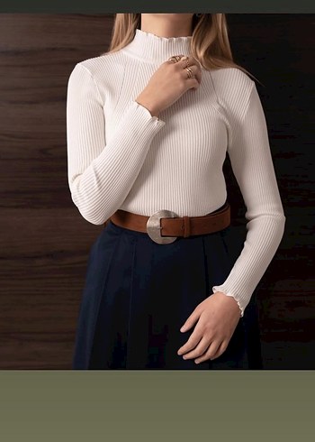 Bordo Yüksek Yaka Fitilli Kadın Kazak - Görsel 3