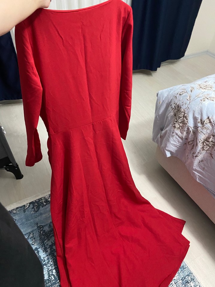 Kırmızı Uzun Kollu Salaş Kadın Elbise - Görsel 3