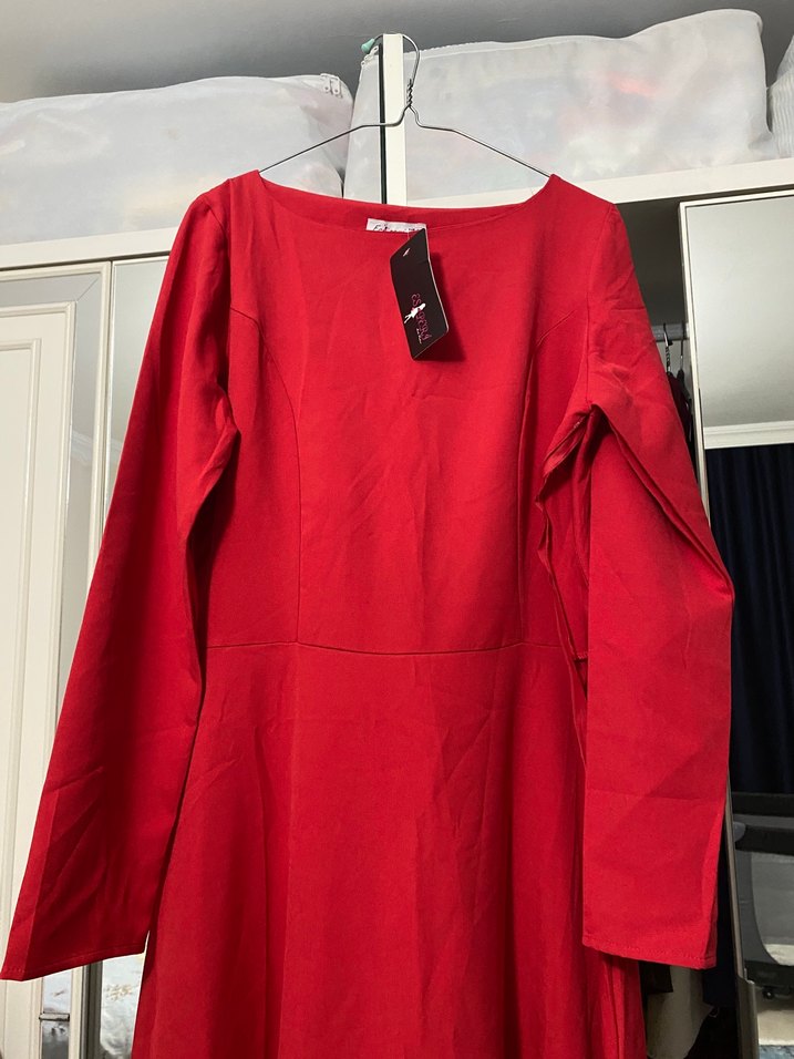 Kırmızı Uzun Kollu Salaş Kadın Elbise - Görsel 2