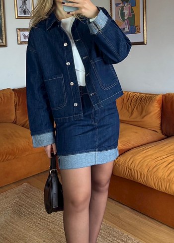 Düğmeli Lacivert Kadın Denim etek Ceket - Görsel 2