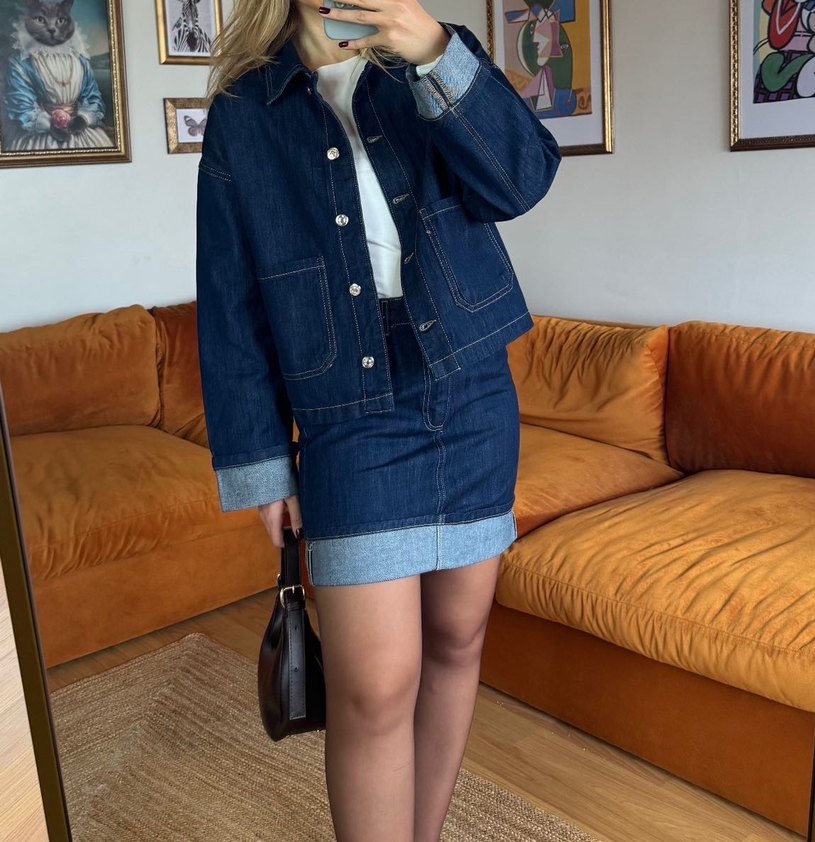 Düğmeli Lacivert Kadın Denim etek Ceket - Görsel 2