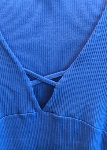 V Yaka Mavi Triko Kısa Kollu Kadın Bluz - Görsel 3