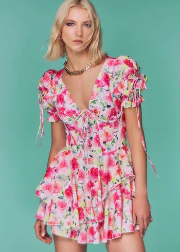 Sagaza Pembe Çiçekli Mini Elbise - Görsel 2