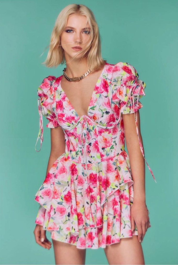 Sagaza Pembe Çiçekli Mini Elbise - Görsel 2