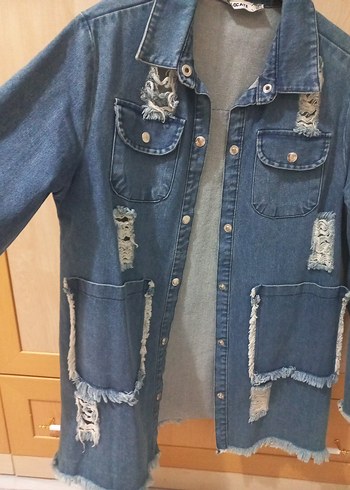 l Beden mavi Renk Düğmeli Mavi Kadın Denim Ceket