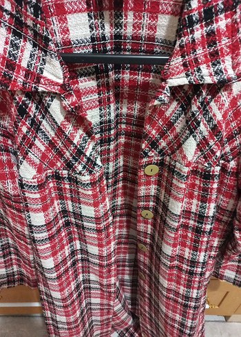 Kırmızı Gri Ekose Uzun Kollu Kadın trenc kap - Görsel 4