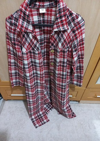 Kırmızı Gri Ekose Uzun Kollu Kadın trenc kap - Görsel 3