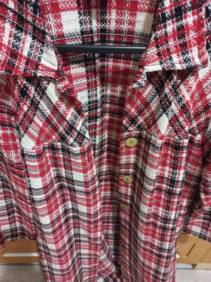 Kırmızı Gri Ekose Uzun Kollu Kadın trenc kap - Görsel 4