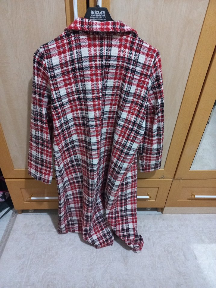 Kırmızı Gri Ekose Uzun Kollu Kadın trenc kap - Görsel 5